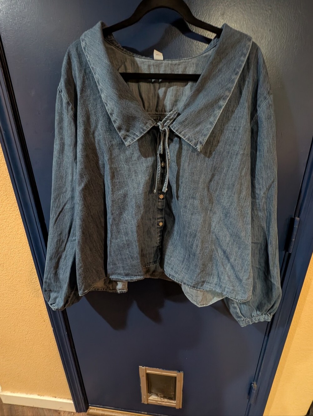 Old Navy XXL Tall Chambray Denim Sailor Collar Tie Neck Blouse 100% Cotton